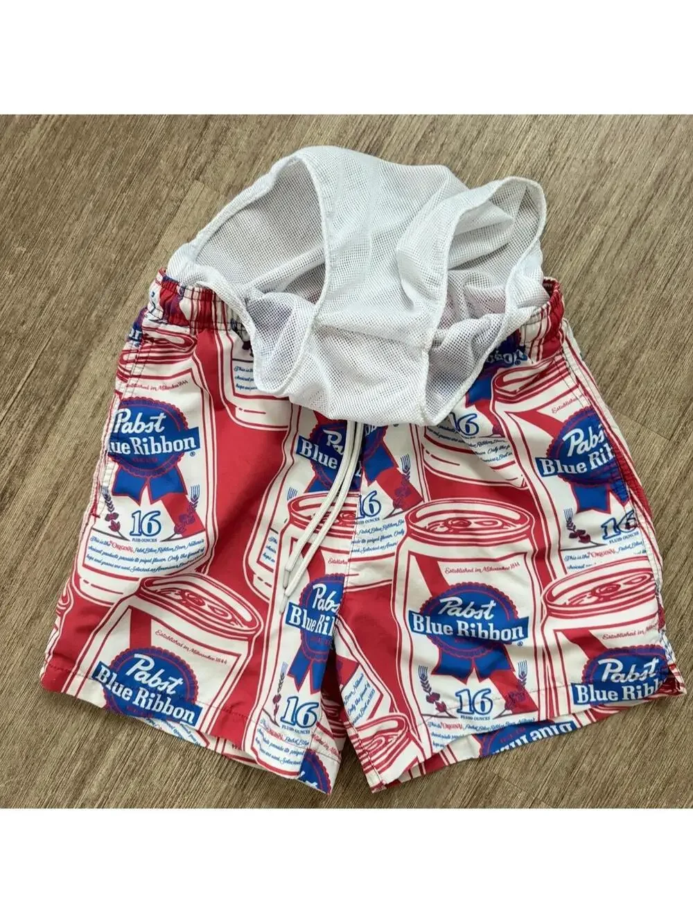 Pabst Blue Ribbon Print Swim Trunks with Mesh Lining